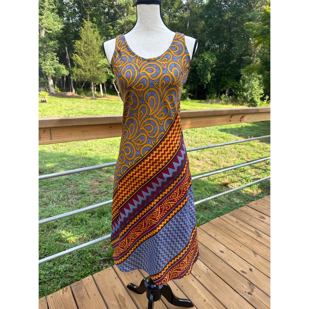 La Hormiga Maia Silk Midi Dress Yellow Blue Paisley Geometric Print Size XS S